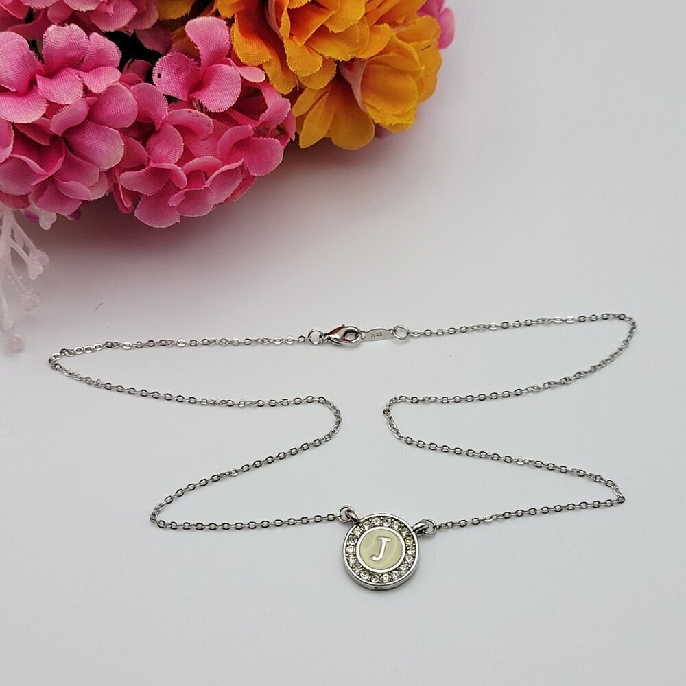 White Gold Plated Initial Letter J Crystal Pendant Necklace 18.5 in Cream Enamel